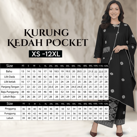 Kurung Kedah Pocket Free Selendang - Xs to 12xl - songketexclusive