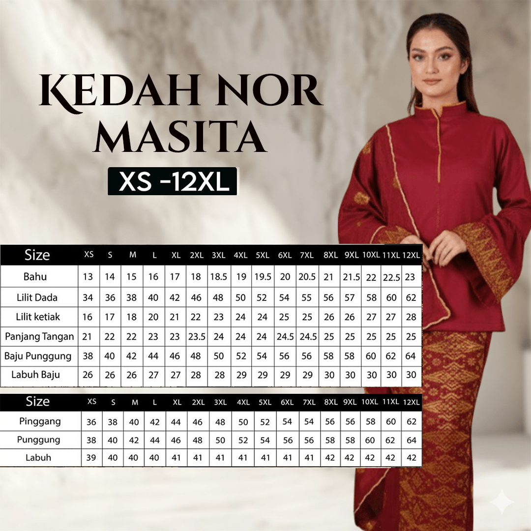 Baju Kedah Nor Masita Free Selendang - Xs to 10xl - songketexclusive
