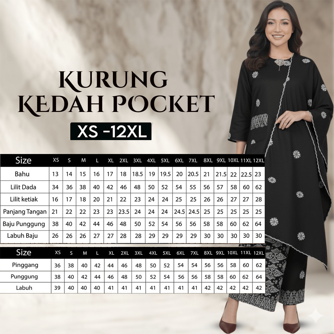 Kurung Kedah Pocket Free Selendang - Xs to 12xl - songketexclusive
